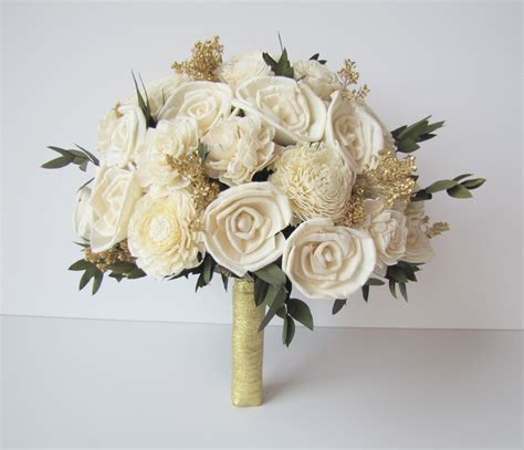 Large Ivory And Gold Bridal Bouquet Brides Flowers Keepsake Wedding