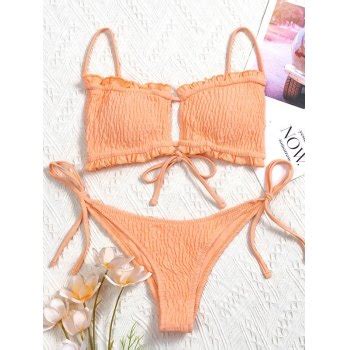 2023 Lace Up Smocked Bikini Set Orange M In Bikini Sets Online Store