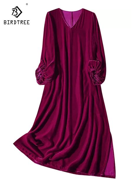 Birdtree Mulberry Silk Velvet Dress Autumn New European