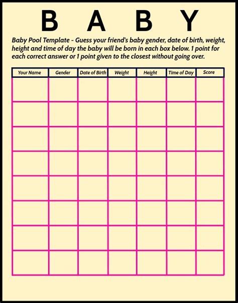 Baby Pool Template Excel Free Pdf Printables