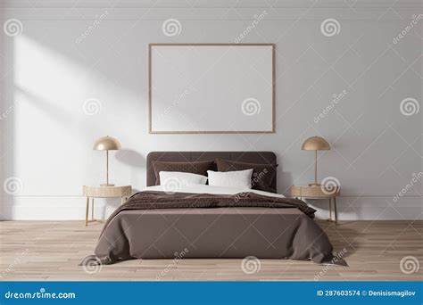 Cozy Hotel Bedroom Interior With Bed Nightstand And Lamp Mockup Frame