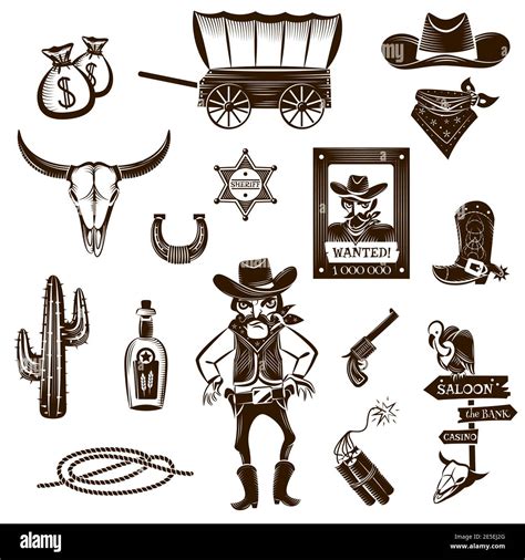 Cowboy Black White Icons Set With Wild West Symbols Flat Isolated