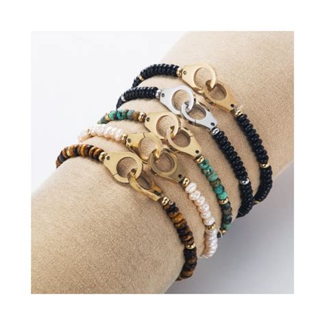 Bracelet Menotte Acier Dor Et Perles Noires