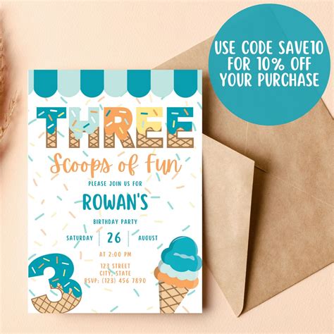 Editable Ice Cream Birthday Invitation Three Scoops Of Fun 3rd