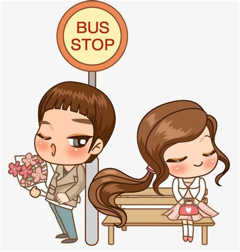 A Man And Woman Standing Next To A Bus Stop Sign With Flowers In Their