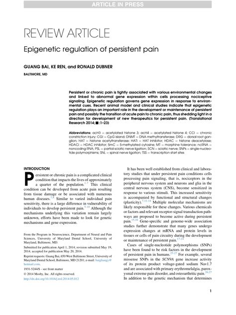 Pdf Epigenetic Regulation Of Persistent Pain