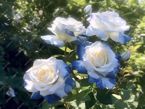 Premium AI Image | Blue and white roses in a garden