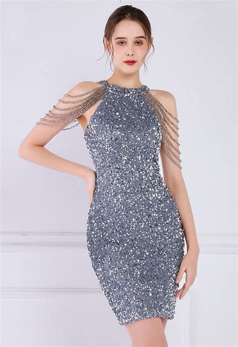 Sequins Halter Neck With Beads Cocktail Dress In Silver Retro Indie