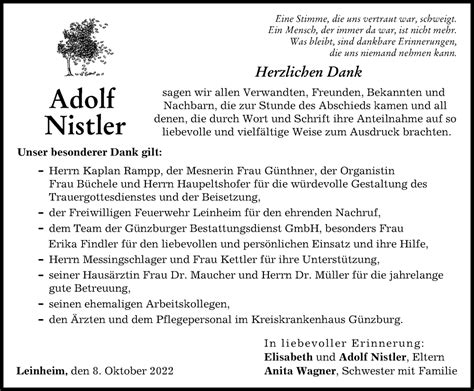 Traueranzeigen von Adolf Nistler Allgäuer Zeitung