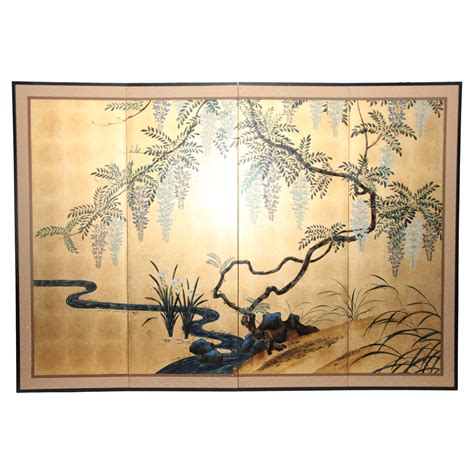 Hand Painted Japanese Folding Screen Byobu Floral Painting Watercolor