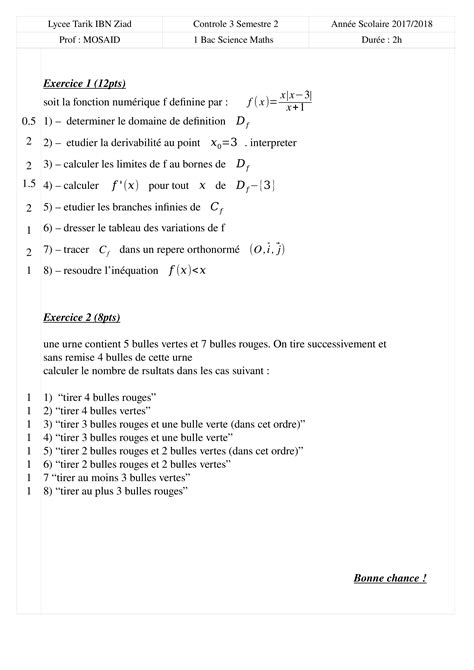 Devoir S Sur L Tude D Une Fonction Et D Nombrement Bac Science