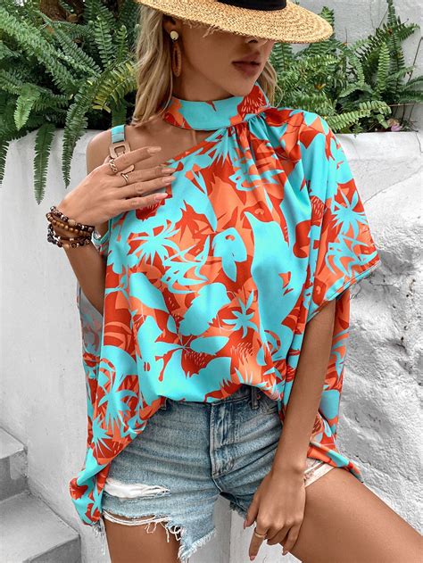 Shein Vcay Floral Print Asymmetrical Neck Chain Detail Blouse Shein Usa