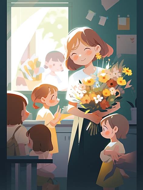 Premium AI Image A Cartoon Of A Woman Holding A Bouquet Of Flowers In