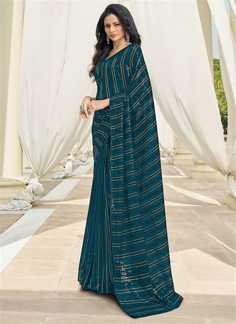 Buy Rama Blue Faux Georgette Embroidered Saree Party Wear Online At