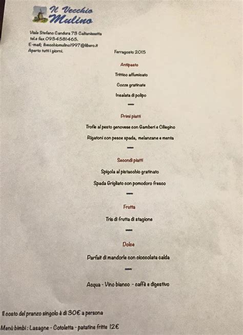 Menu Da Ristorante Pizzeria Il Vecchio Mulino Caltanissetta