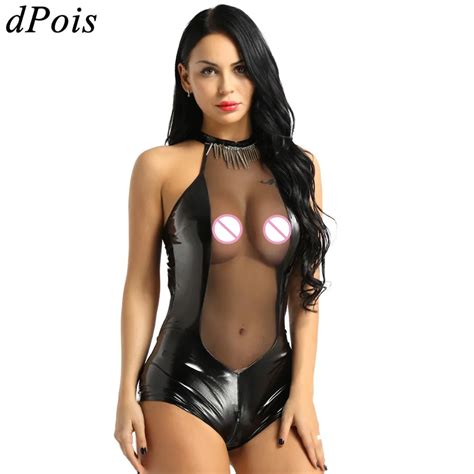 One Piece Swimsuit Women Halter Bathing Suit Leather Mesh Splice Sexy