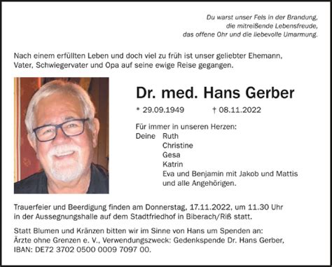 Traueranzeigen Von Hans Gerber Schwaebische De Trauerportal