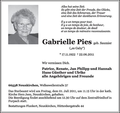 Traueranzeigen Von Gabrielle Pies Saarbruecker Zeitung Trauer De