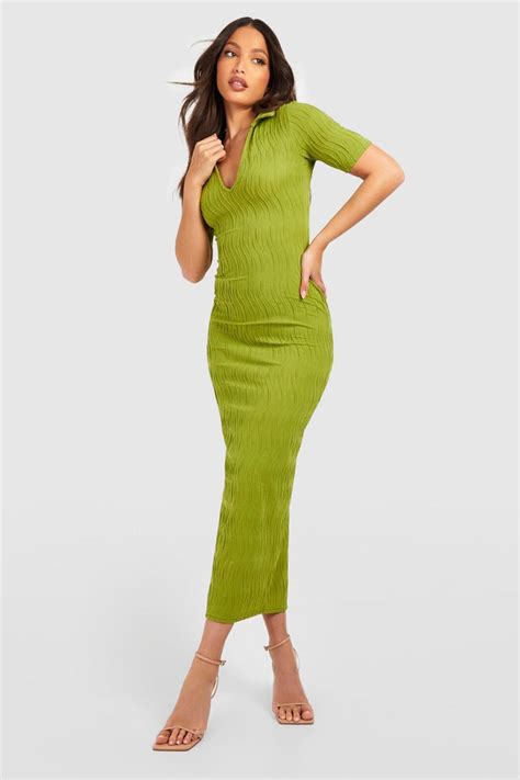 Tall Wavy Texture Collar Plunge Midaxi Dress Boohoo Uk