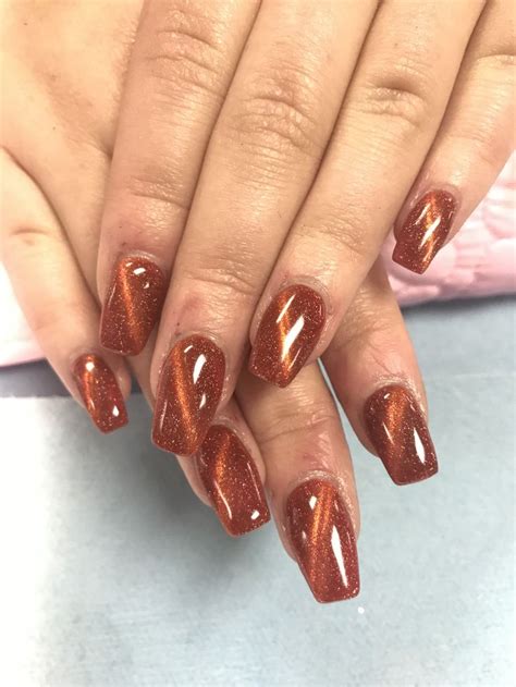 Orange Cat Eye Effect Nails Nails Orange Cat Beauty