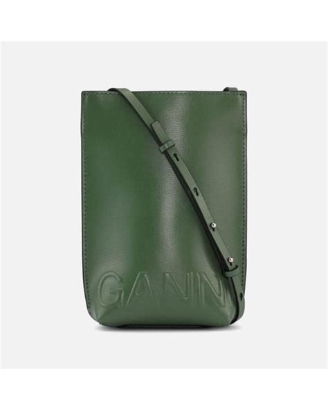 Ganni Banner Logo Debossed Recycled Leather Shoulder Bag In Green Lyst Canada