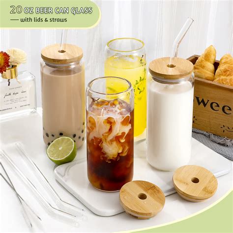 20 Oz Glass Cups With Bamboo Lids And Glass Straw 4pcs Set Beer Can Shaped Drinking Glasses