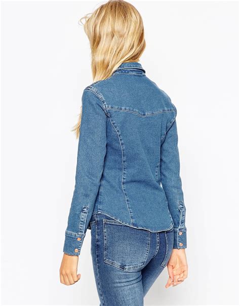 ASOS Denim Fitted Western Shirt In Mid Wash Blue Lyst