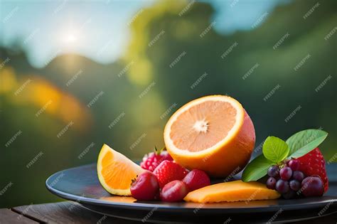 Une Assiette De Fruits Et Légumes Avec Le Soleil Derrière Elle Photo Premium