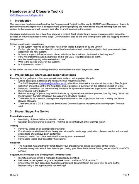 Fillable Online Handover And Closure Toolkit Fax Email Print Pdffiller