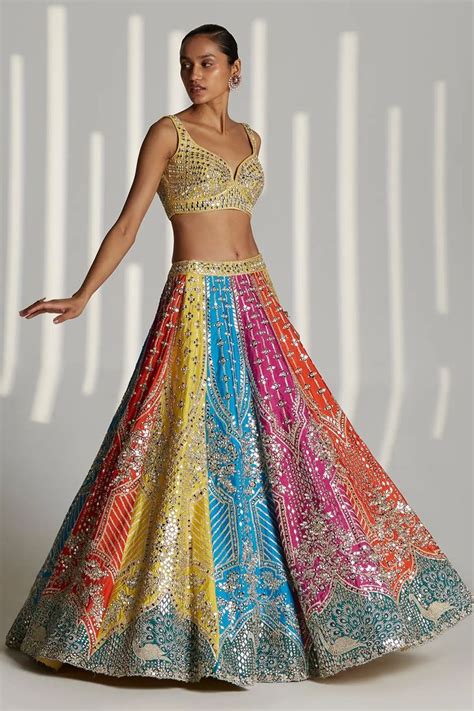 Buy Multi Color Raw Silk Embroidered Mughal Sweetheart Neck Lehenga Set For Women By Angad Singh