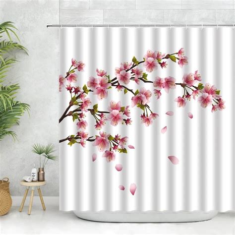 Pink Floral Peach Blossom Shower Curtain Set Cherry Blossoms Plant