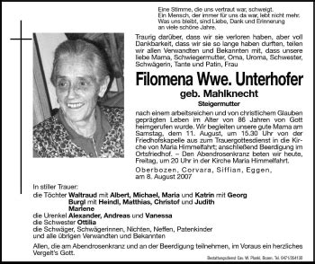 Traueranzeigen Von Filomena Unterhofer Trauer Bz