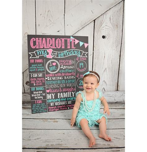 Chevron Pink And Teal First Birthday Chalkboard Poster Girl Etsy