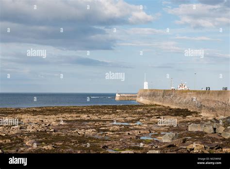 Blue Sky Blue Sea Seaweed And Rocks At Seahouses Hi Res Stock