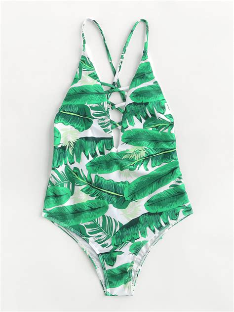 Jungle Print Plunge Neckline Open Back Swimsuit