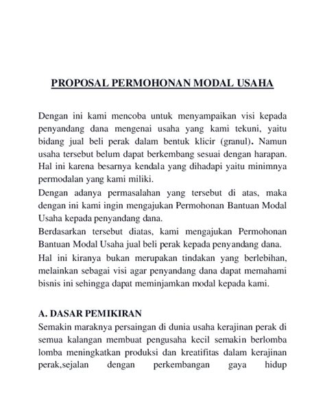 Contoh Proposal Bantuan Modal Usaha Perorangan Doc Laporan Ku