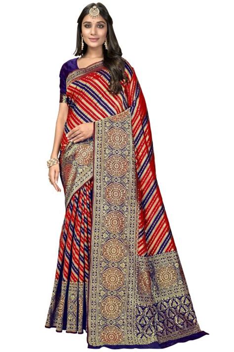 Sariya Woven Banarasi Silk Blend Jacquard Saree Blue Red Jiomart