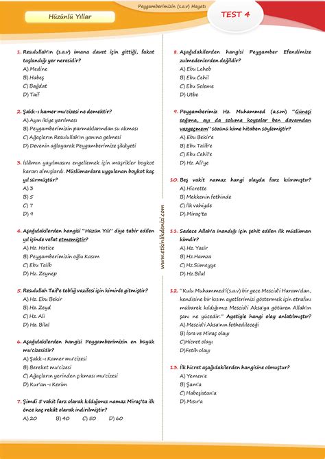 Peygamberimizin a s m Hayatı Test Soruları Aile ve Eğitim