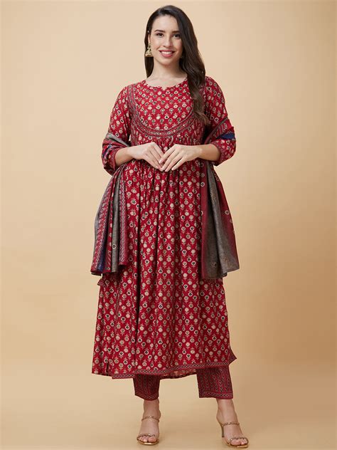 Globus Women Maroon Ethnic Motifs Print Piece Festive Anarkali Kurta