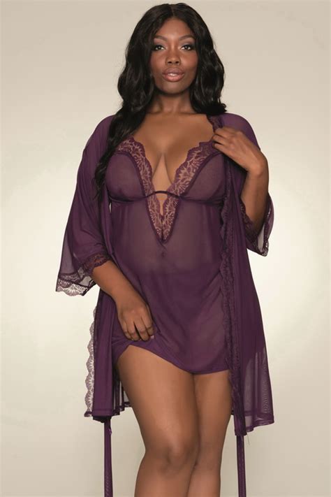 Plus Size Plum Purple Mesh Chemise Lingerie And Robe Set Spicy Lingerie