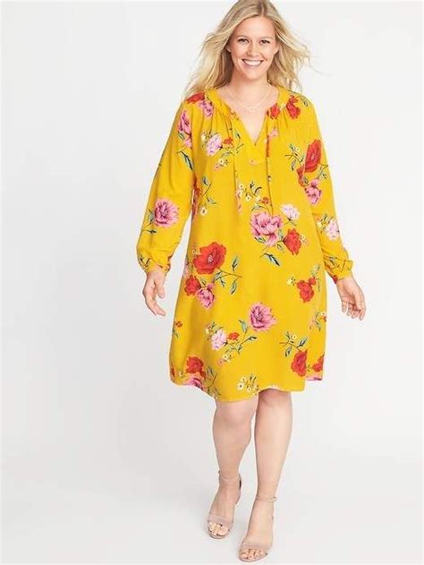 Plus Size Split Neck Floral Shift Dress Sleeves Shirred Long Navy Plus Size Dresses Dress Plus