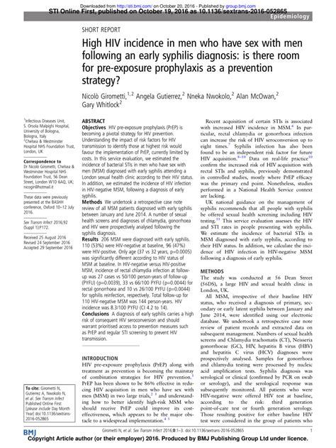 Pdf High Hiv Incidence In Men Who Have Sex With Men Following An Early Syphilis Diagnosis Is