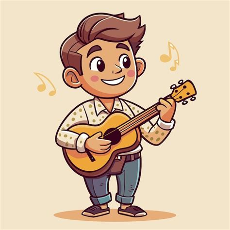 Smiling Man Playing Ukulele Cartoon Graphic Premium Ai Generated Vector