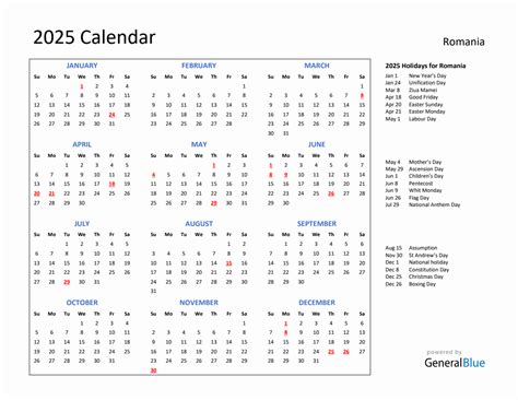 2025 Calendar With Holidays For Romania