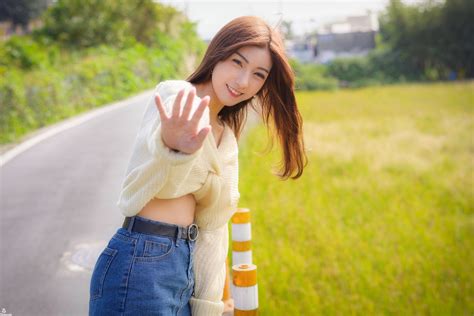 Asian Model Women Long Hair Brunette Jeans Pullover Grass Hands