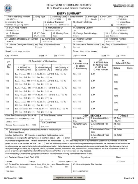 Customs Declaration Cbp Form 7501 Pdf Customs Invoice