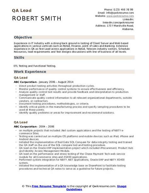 Qa Lead Resume Samples Qwikresume