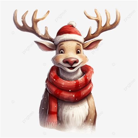 Smiling Reindeer Wearing Santa Hat And Scarf Chrismas Symbol Clipart