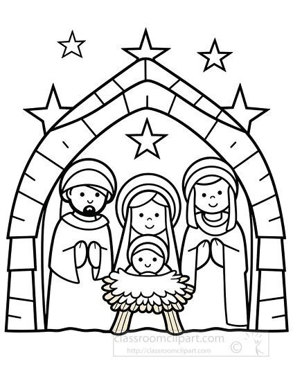 Holiday Outline Clipart Christmas Nativity Scene With Jesus In A Manger