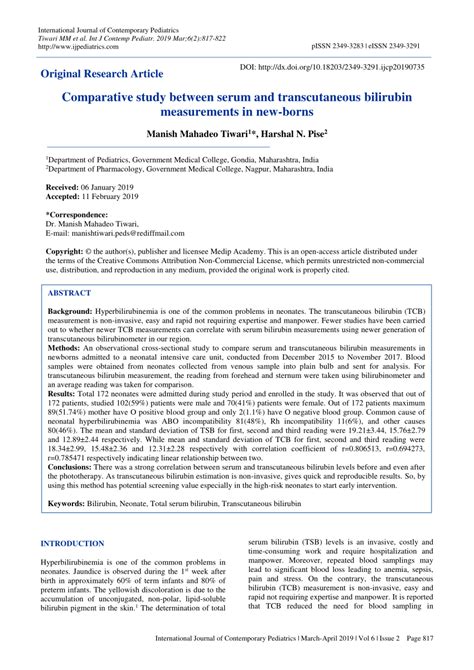 Pdf Comparative Study Between Serum And Transcutaneous Bilirubin